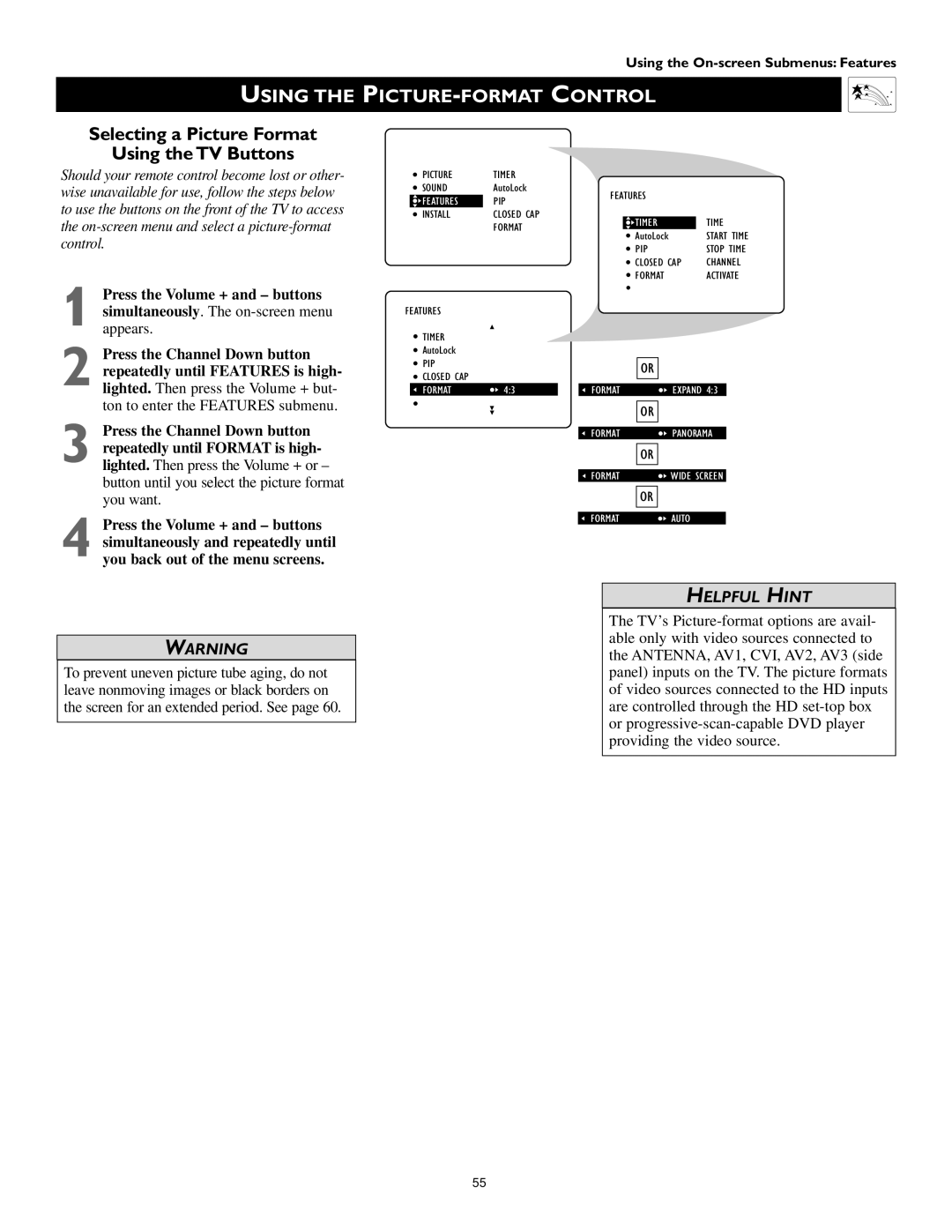 Philips 51PW9363, 60PW9363, 55PW9363 manual Selecting a Picture Format Using the TV Buttons 