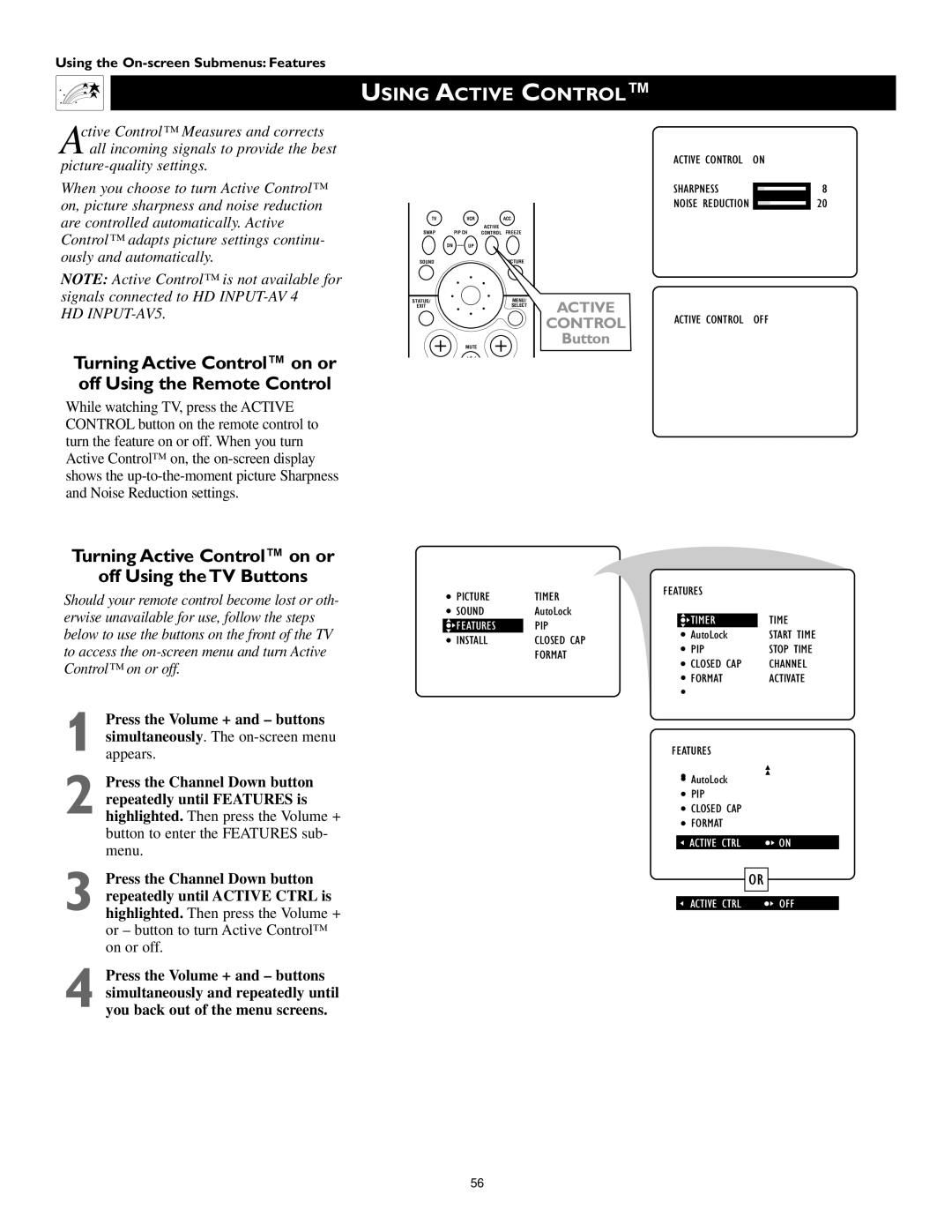 Philips 55PW9363, 60PW9363, 51PW9363 manual Using Active Control, Turning Active Control on or Off Using the TV Buttons 