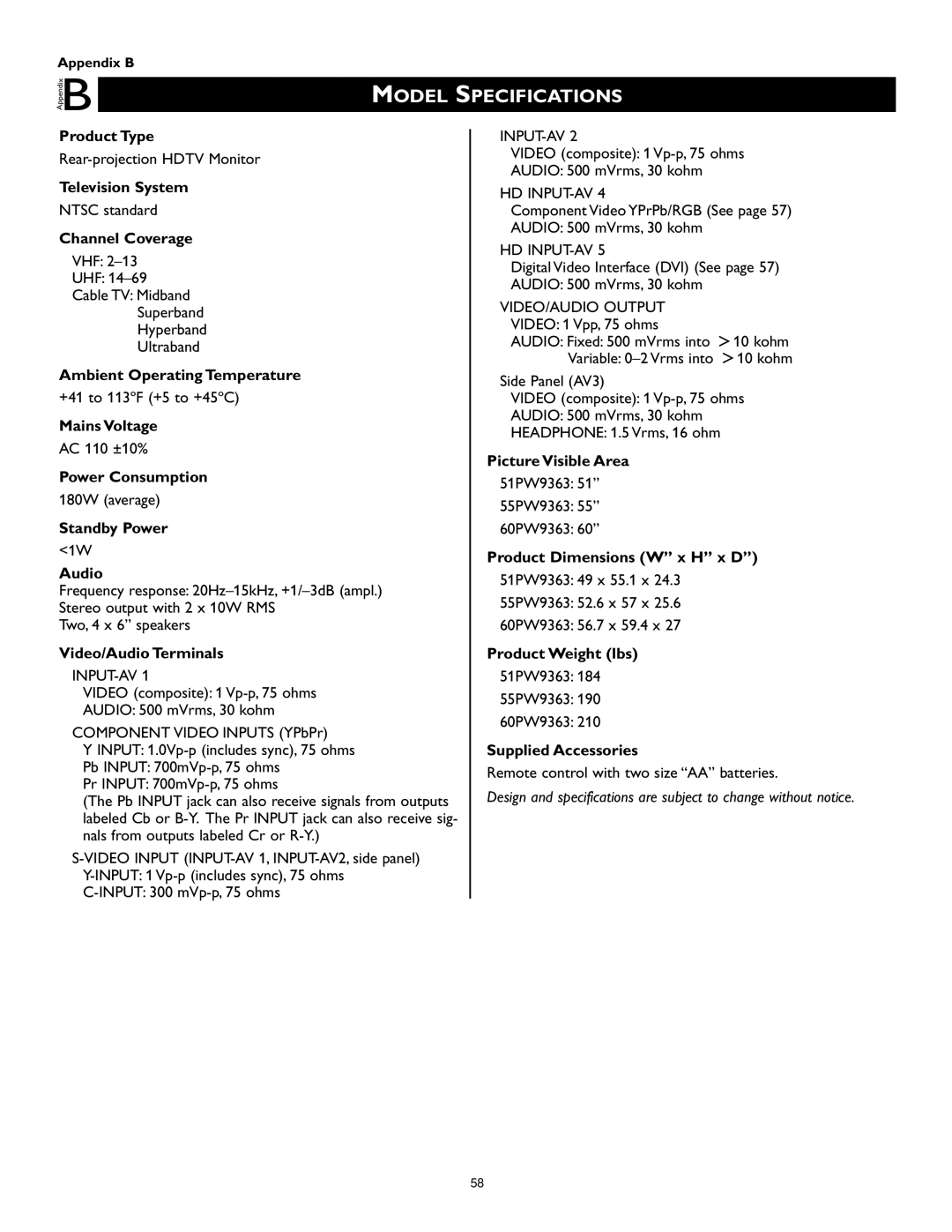 Philips 51PW9363, 60PW9363, 55PW9363 manual Model Specifications, Product Type 