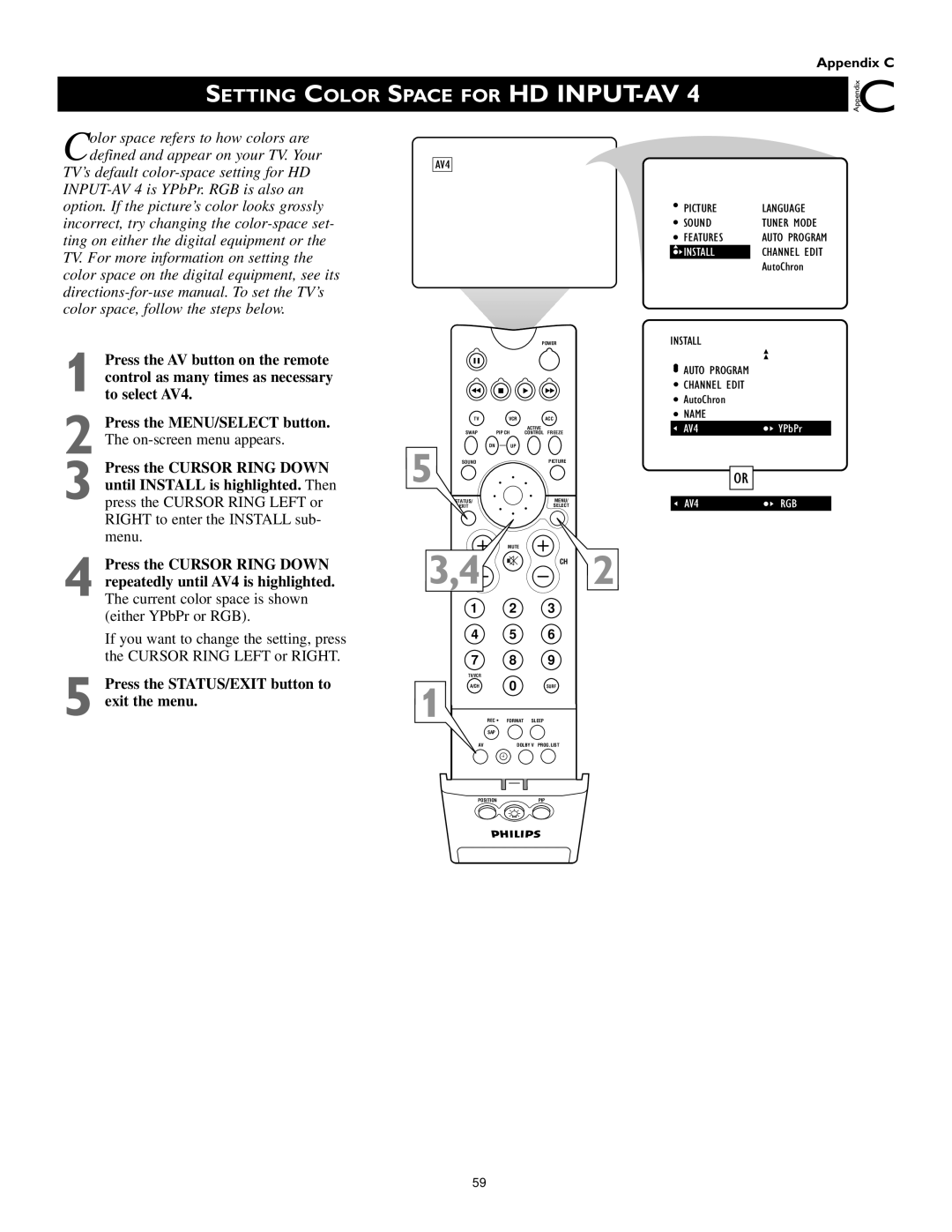 Philips 55PW9363, 60PW9363, 51PW9363 Setting Color Space for HD INPUT-AV, Press the STATUS/EXIT button to exit the menu 