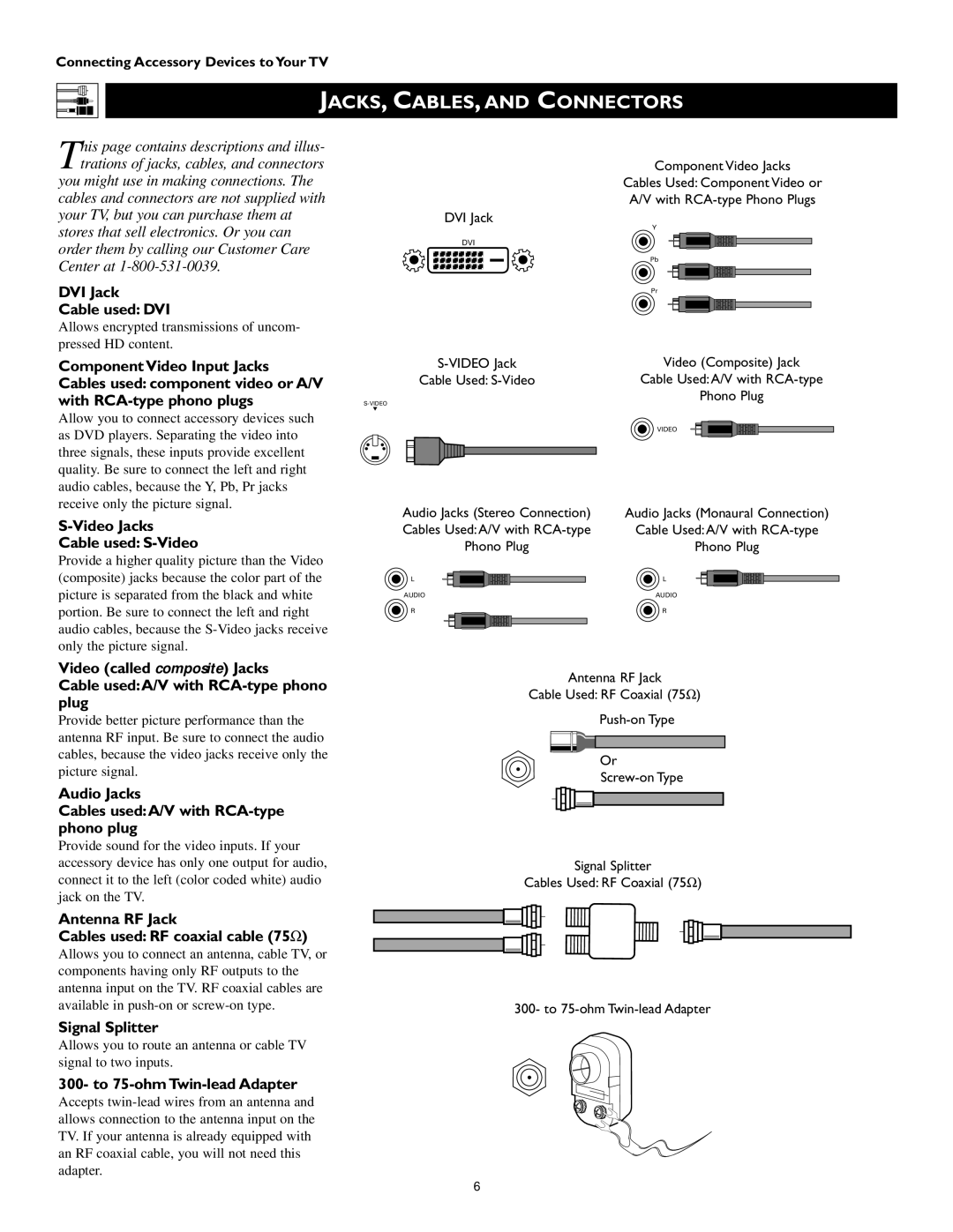 Philips 60PW9363, 51PW9363 manual JACKS, CABLES, and Connectors, Video Composite Jack Cable UsedA/V with RCA-type Phono Plug 