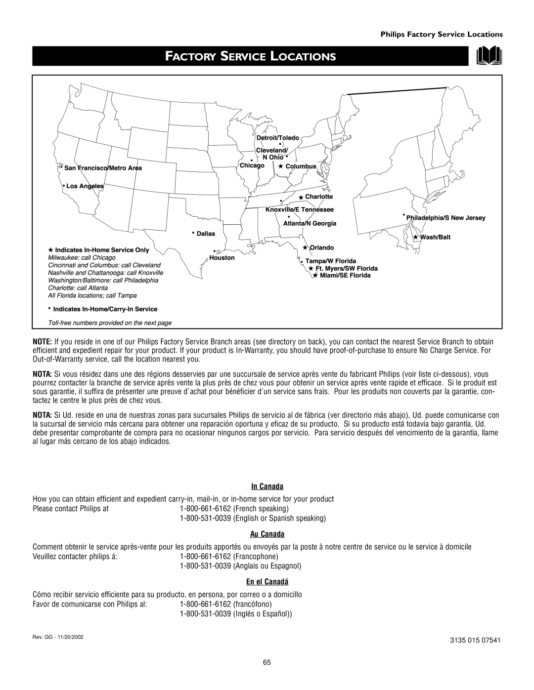 Philips 55PW9363, 60PW9363, 51PW9363 manual Factory Service Locations, Canada 