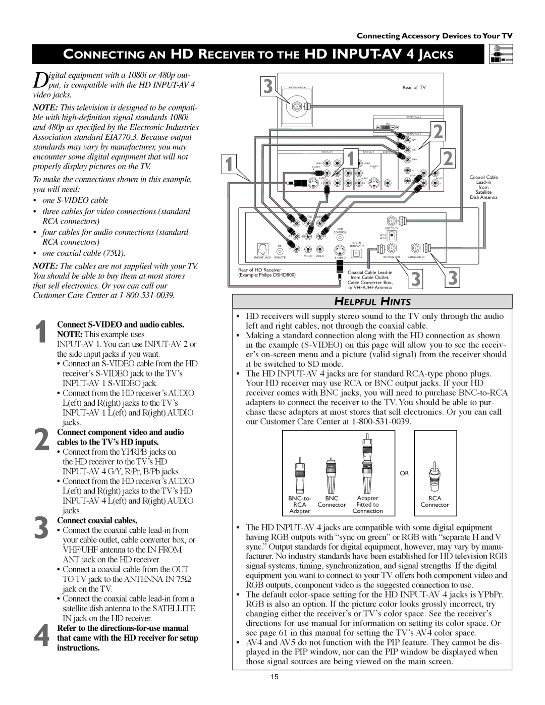 Philips 55PW9383, 60PW9383 manual Connecting AN HD Receiver to the HD INPUT-AV 4 Jacks, Connect coaxial cables 