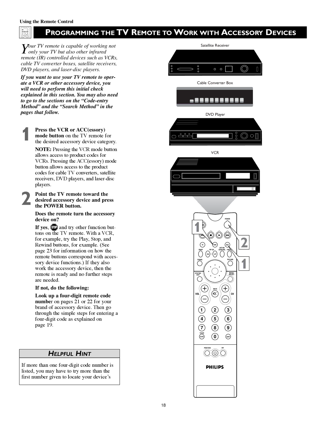 Philips 60PW9383, 55PW9383 manual Programming the TV Remote to Work with Accessory Devices, Vcr 