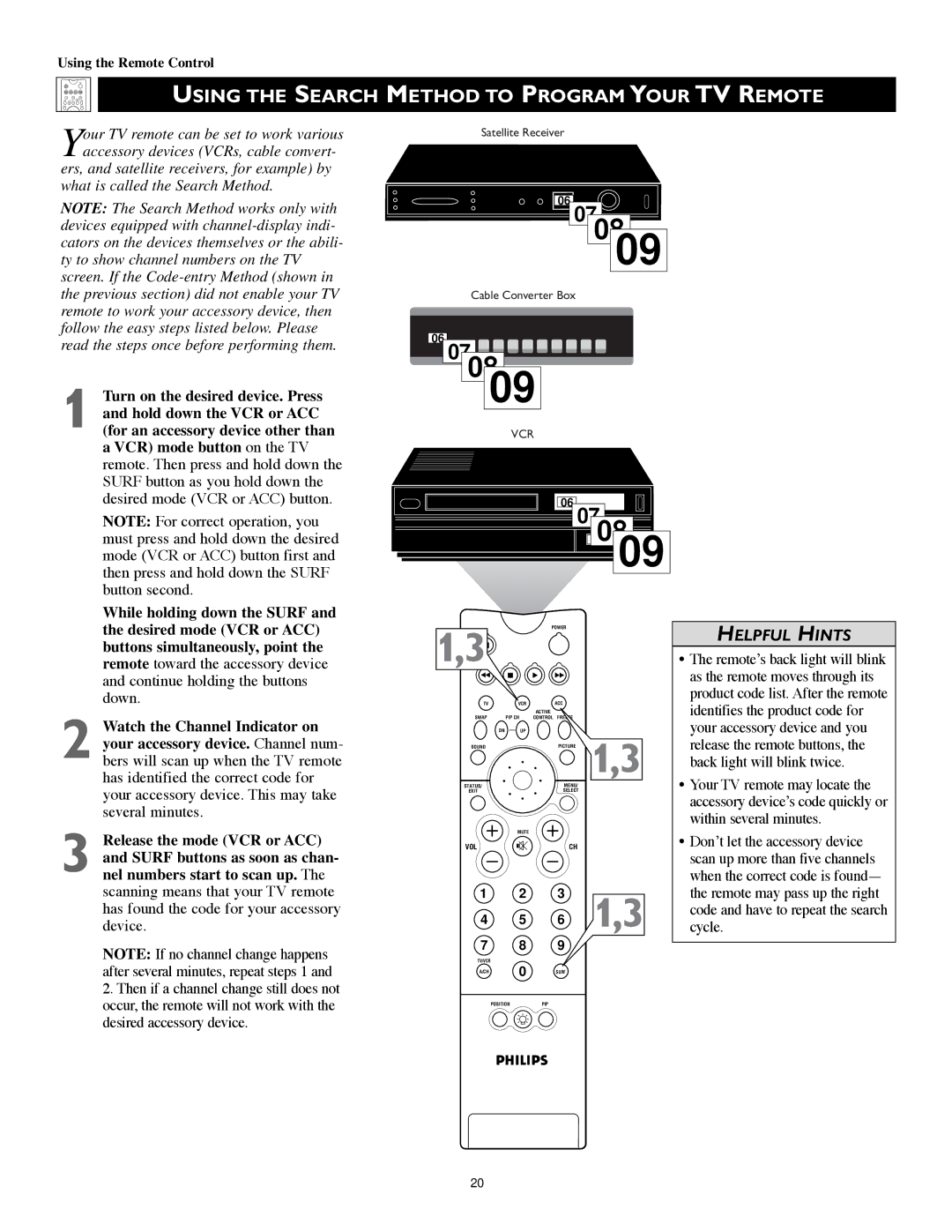 Philips 60PW9383, 55PW9383 manual Using the Search Method to Program Your TV Remote 