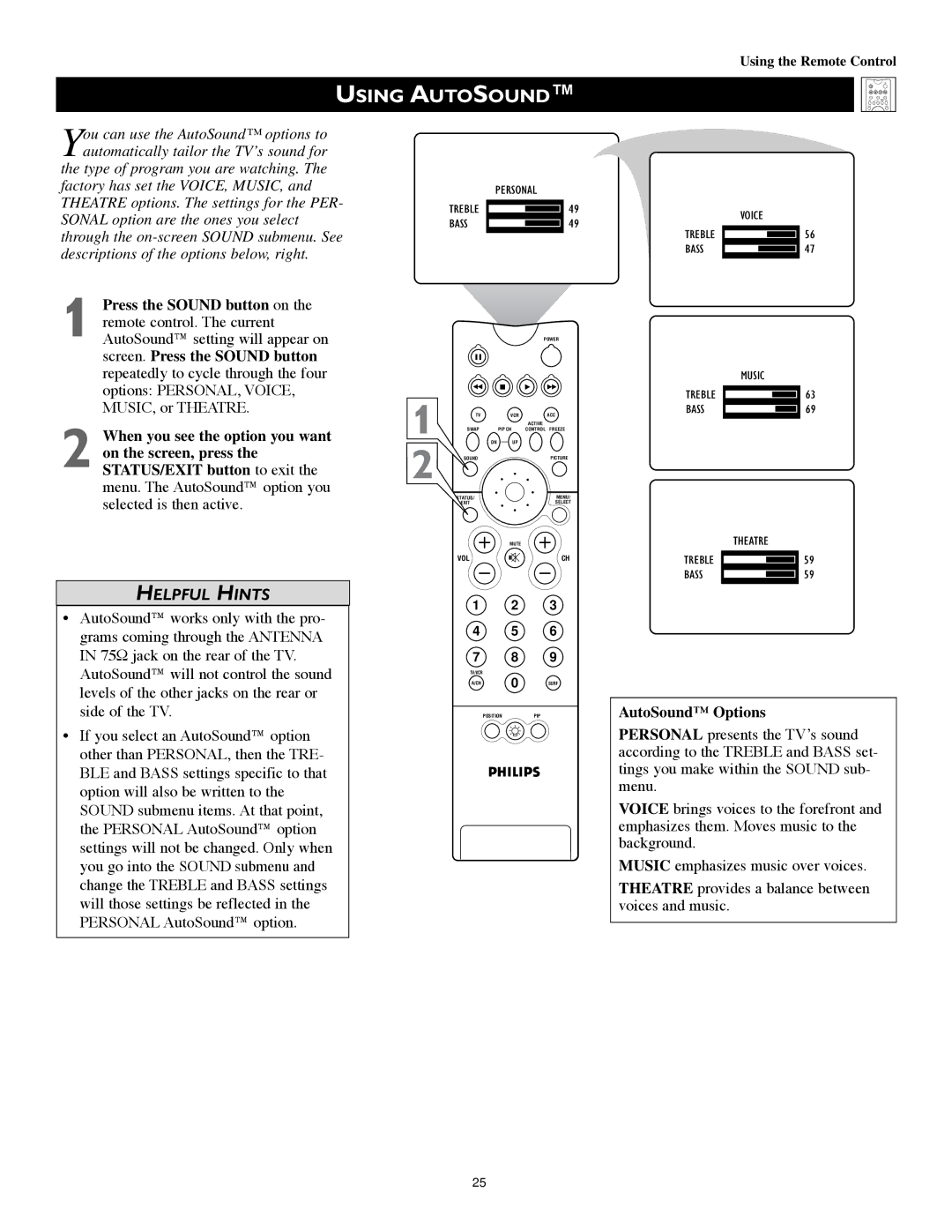 Philips 55PW9383, 60PW9383 manual Using Autosound, AutoSound Options 