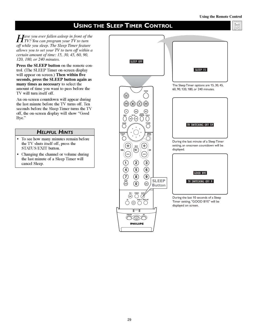 Philips 55PW9383, 60PW9383 manual Using, Sleep Timer Control 