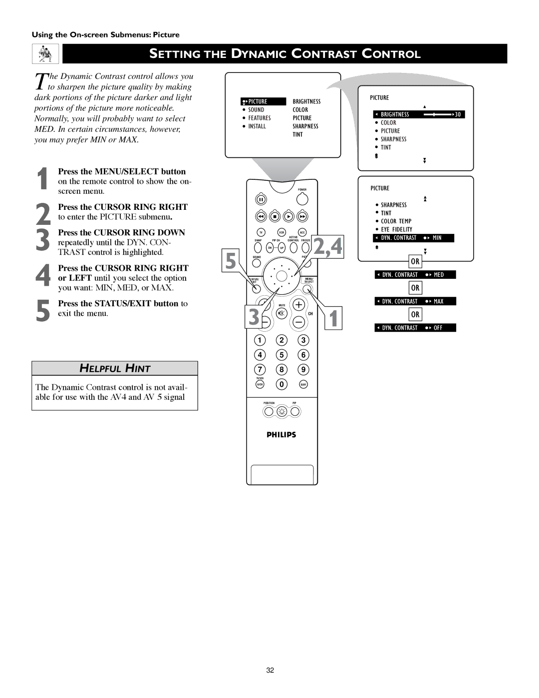 Philips 60PW9383, 55PW9383 manual Setting the Dynamic Contrast Control, Min 