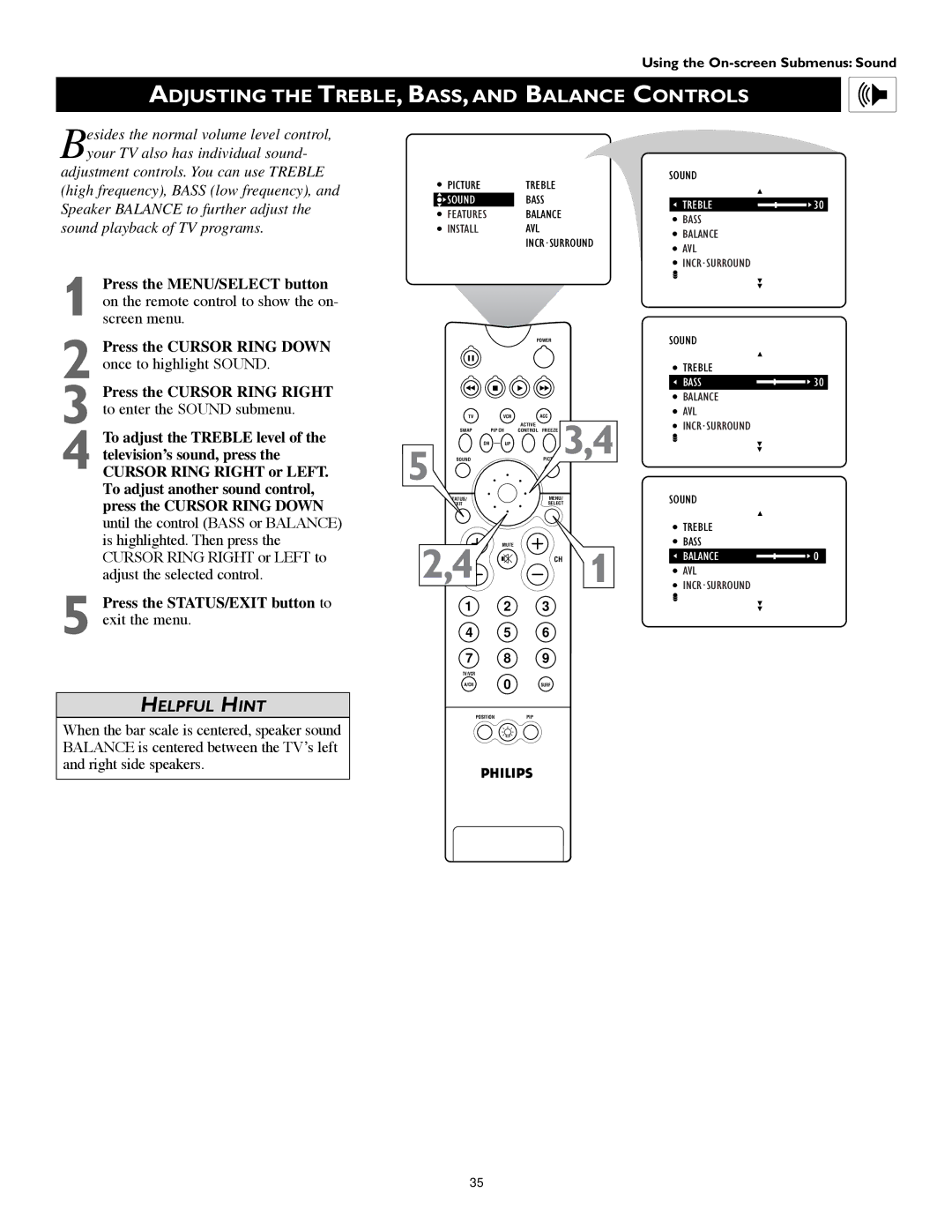 Philips 55PW9383, 60PW9383 manual Adjusting the TREBLE, BASS, and Balance Controls 