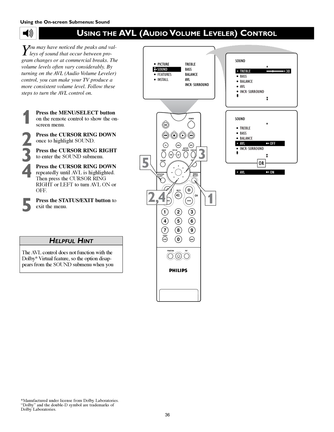 Philips 60PW9383, 55PW9383 manual Using the AVL Audio Volume Leveler Control 