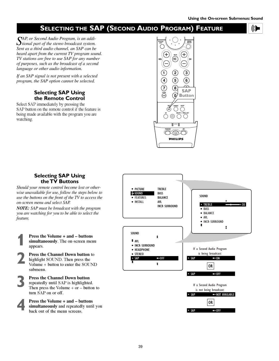 Philips 55PW9383, 60PW9383 manual Selecting the SAP Second Audio Program Feature, Selecting SAP Using Remote Control 