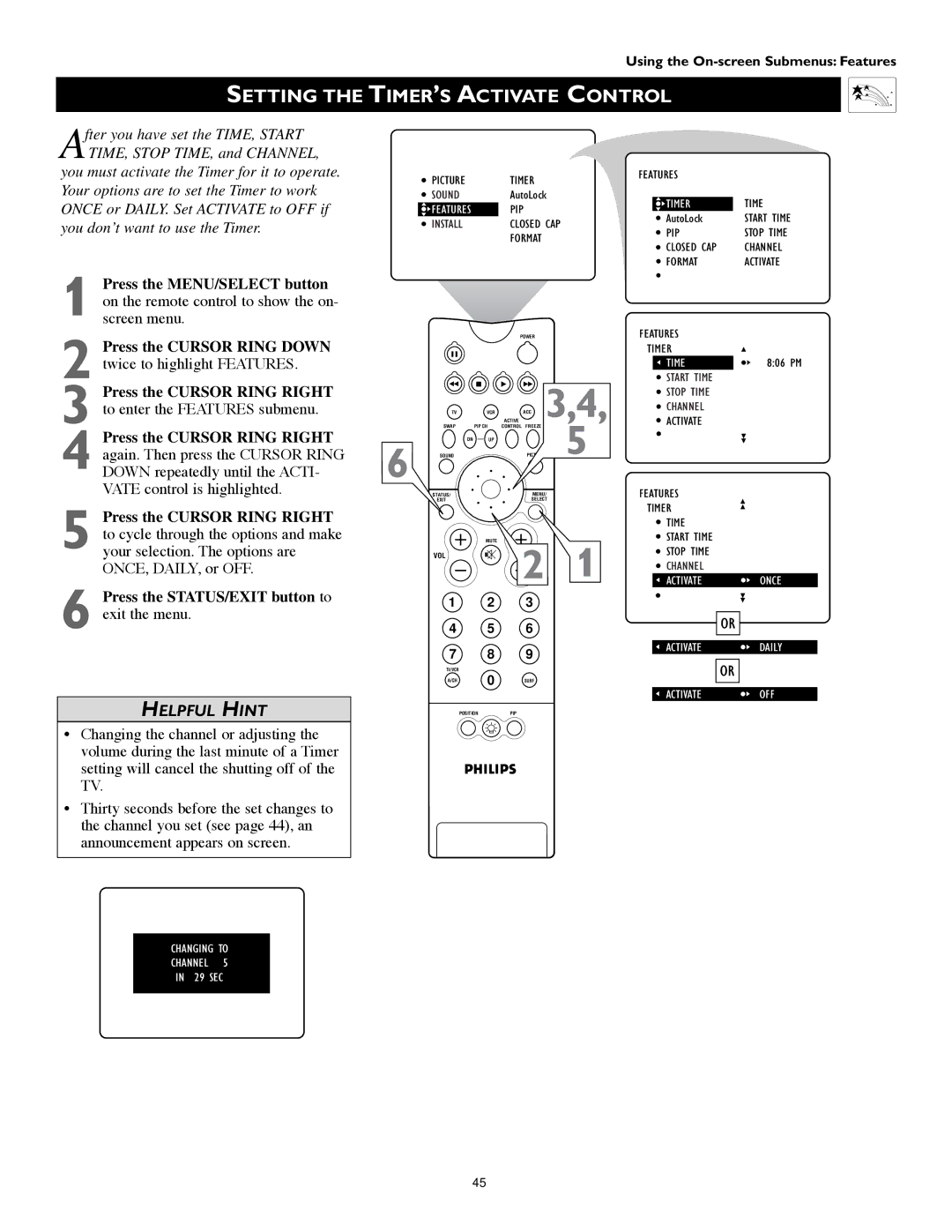 Philips 55PW9383, 60PW9383 manual Setting the TIMER’S Activate Control 