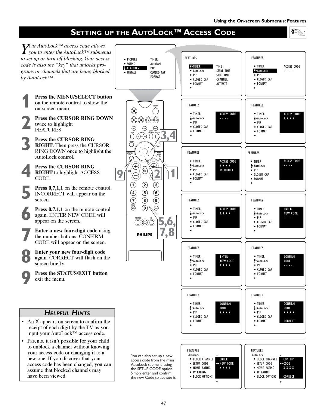 Philips 55PW9383, 60PW9383 manual Setting UP the Autolock Access Code, Features 