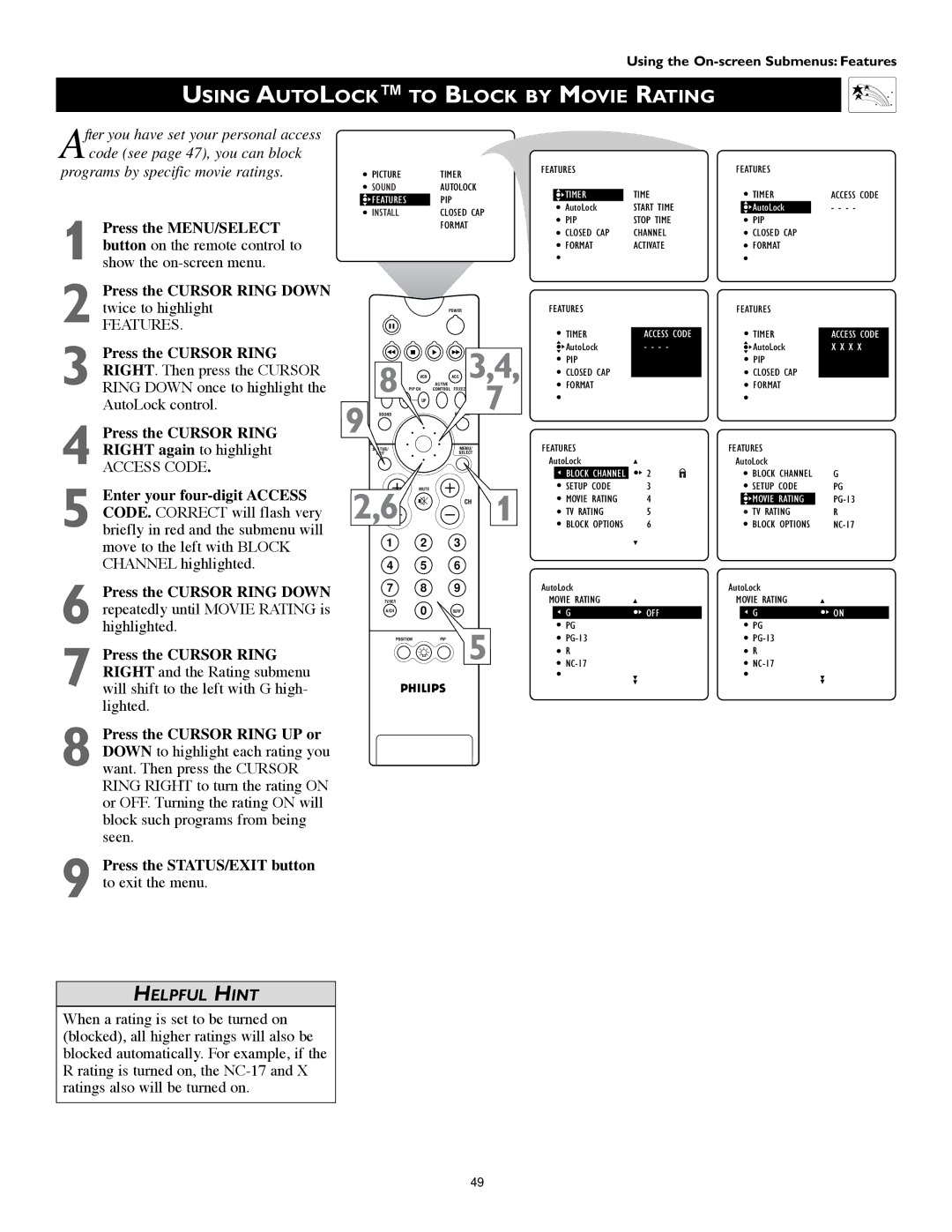 Philips 55PW9383, 60PW9383 manual Using Autolock to Block by Movie Rating, Format 