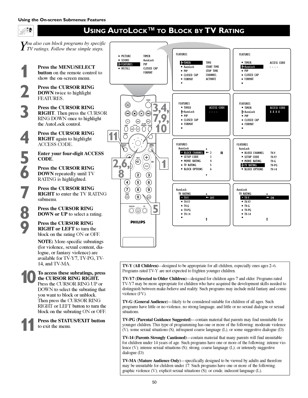 Philips 60PW9383, 55PW9383 manual Using Autolock to Block by TV Rating 