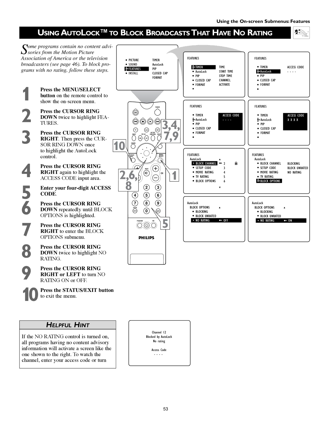 Philips 55PW9383 Using Autolock to Block Broadcasts That have no Rating, RIGHT. Then press the CUR, SOR Ring Down once 