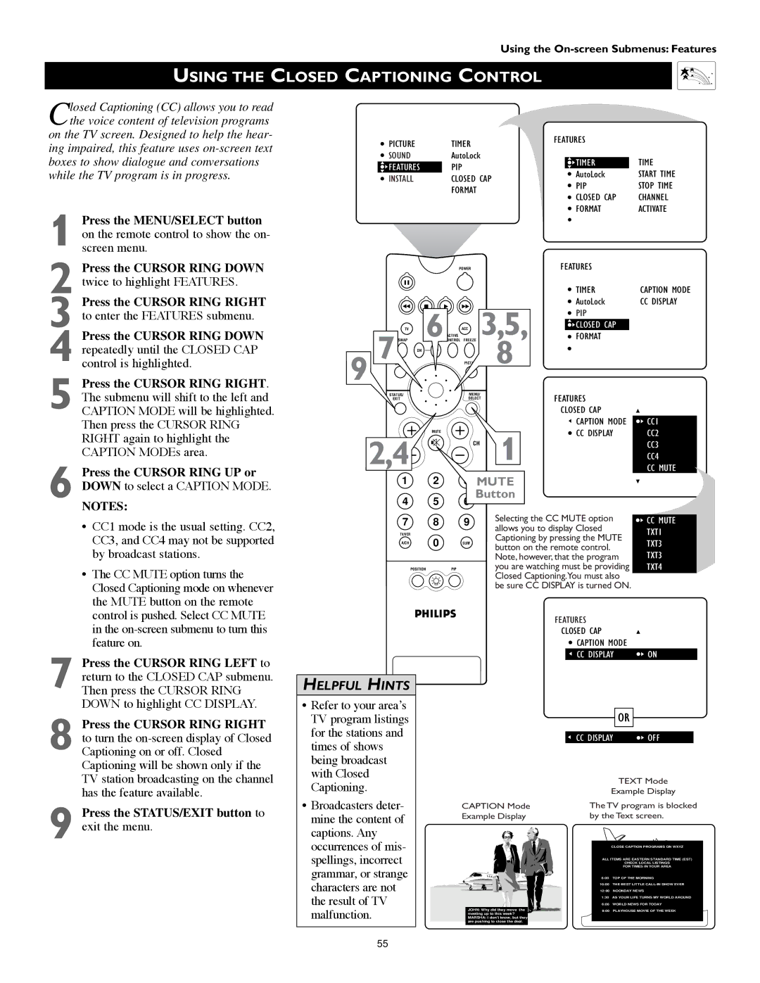 Philips 55PW9383, 60PW9383 manual Using the Closed Captioning Control, Mute 