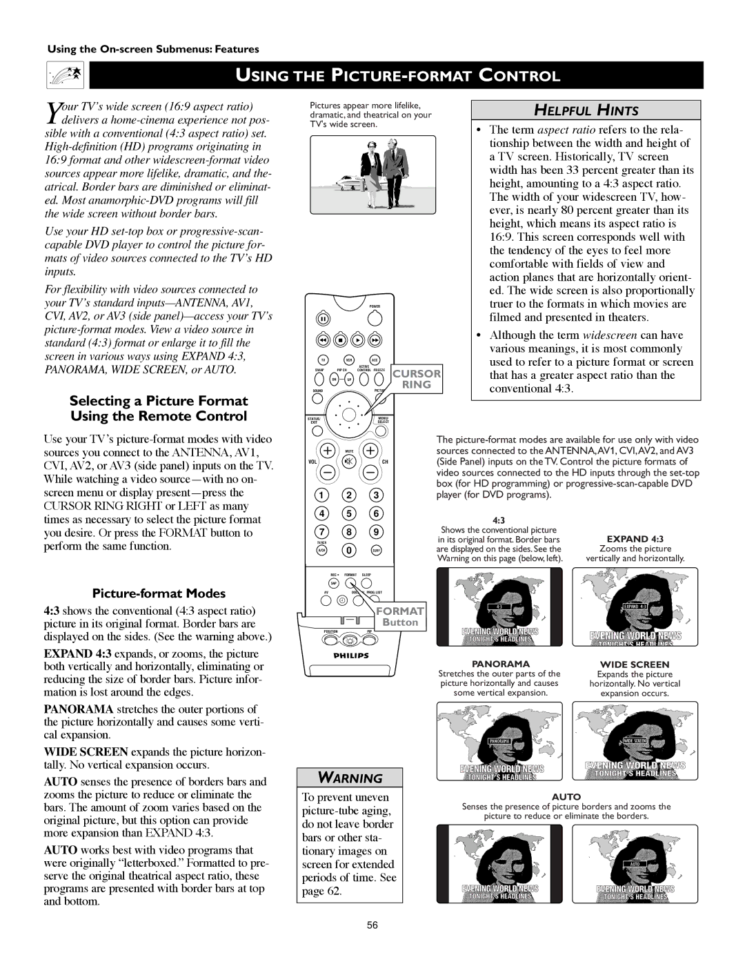 Philips 60PW9383, 55PW9383 manual Using the PICTURE-FORMAT Control, Selecting a Picture Format Using the Remote Control 