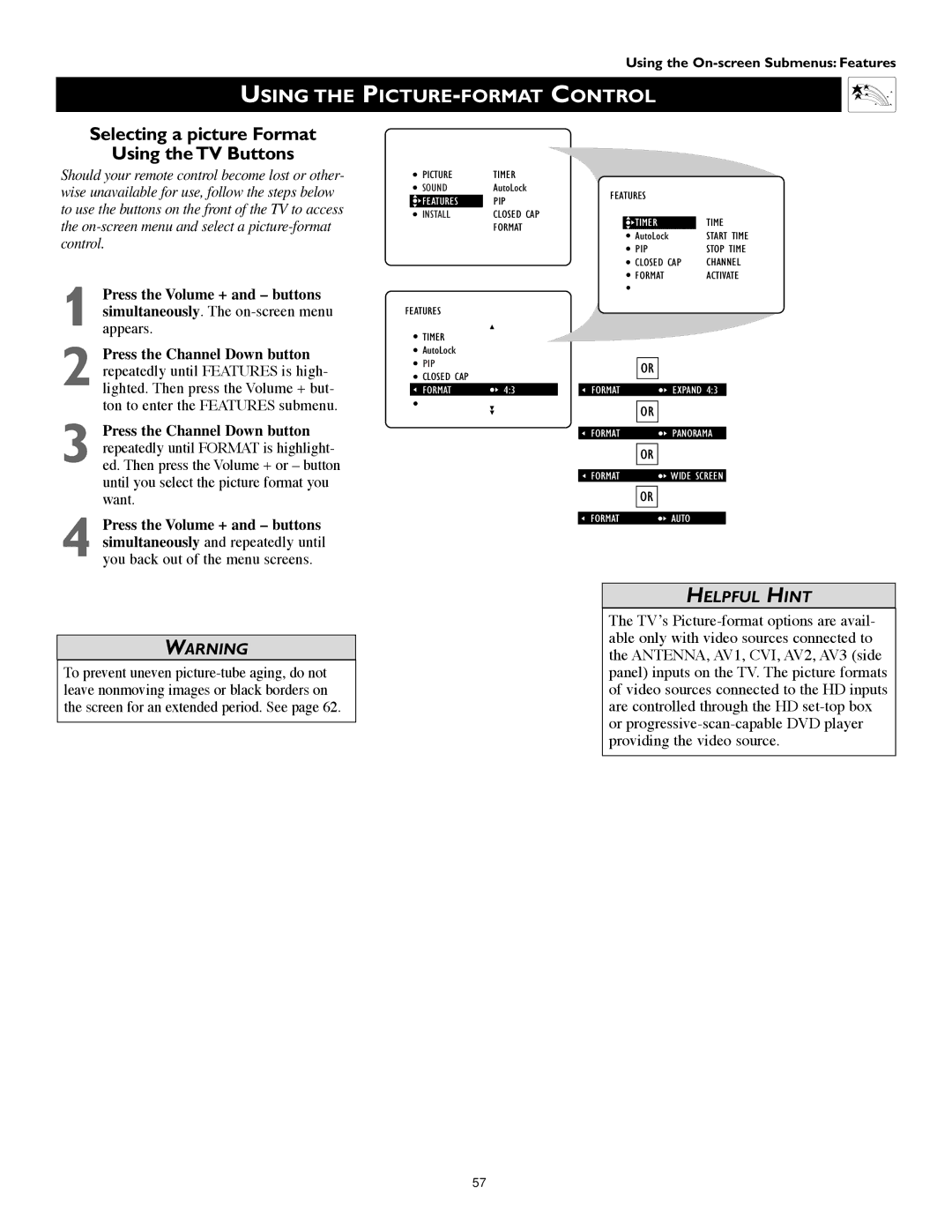 Philips 55PW9383, 60PW9383 manual Selecting a picture Format Using the TV Buttons 