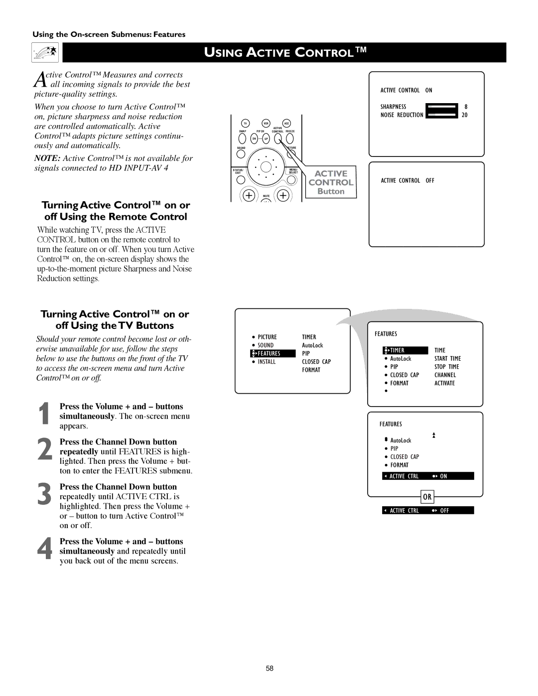 Philips 60PW9383, 55PW9383 manual Using Active Control, Turning Active Control on or Off Using the TV Buttons 