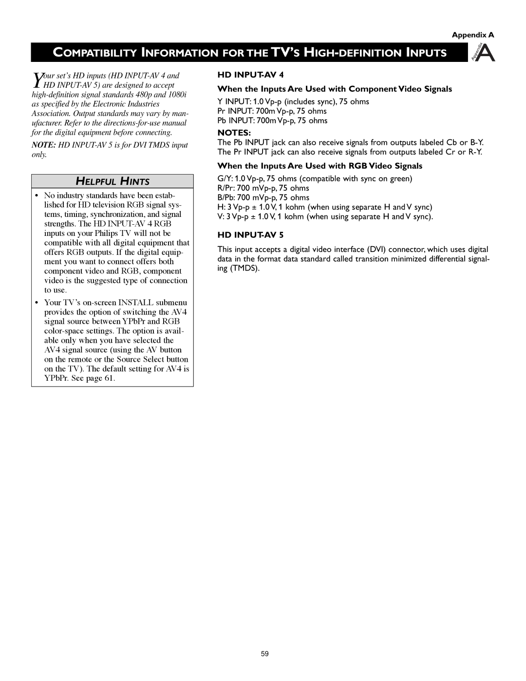 Philips 55PW9383, 60PW9383 manual When the Inputs Are Used with RGB Video Signals 