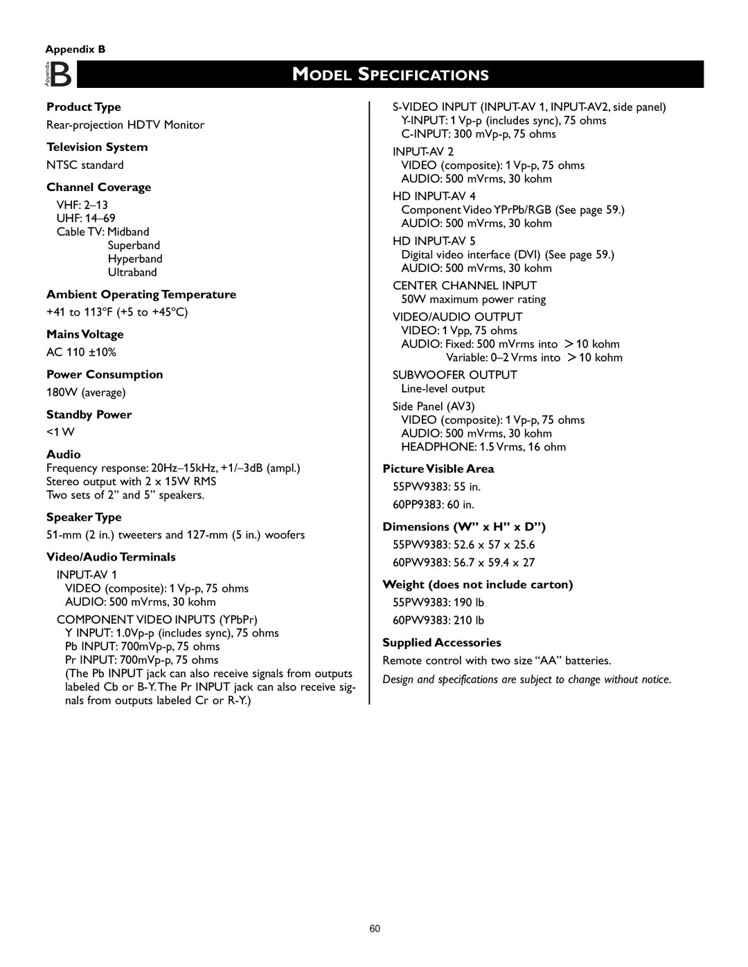 Philips 60PW9383, 55PW9383 manual Model, Specifications 