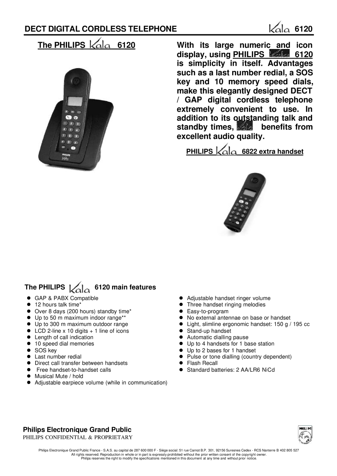 Philips 6120 specifications Key and 10 memory speed dials, GAP digital cordless telephone, Extremely convenient to use 