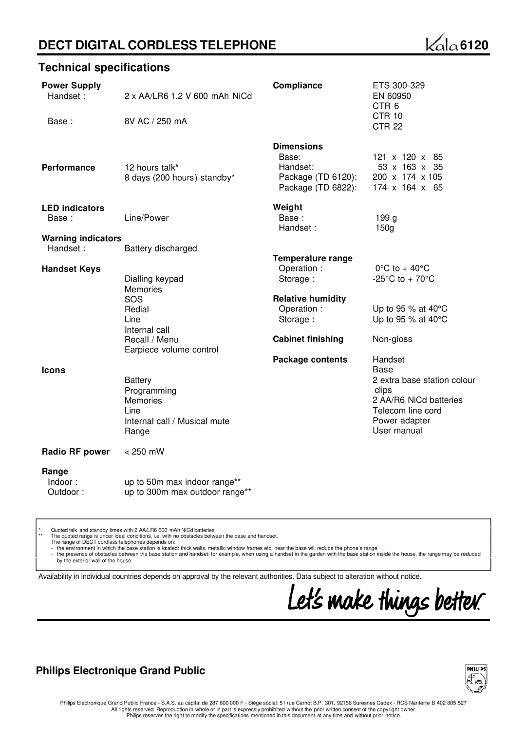 Philips 6120 Dect Digital Cordless Telephone, Technical specifications 