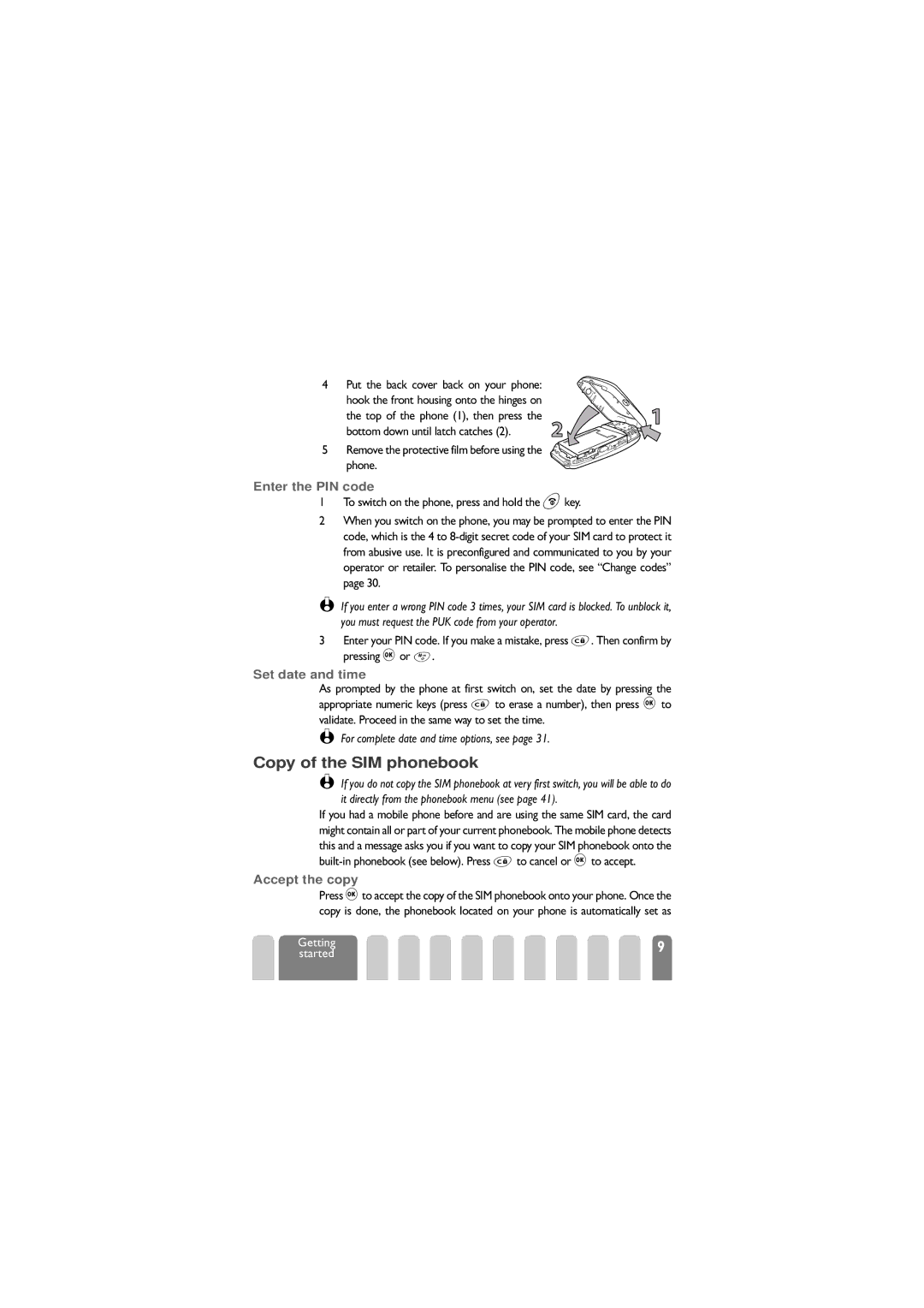 Philips 625 manual Copy of the SIM phonebook, Enter the PIN code, Set date and time, Accept the copy 