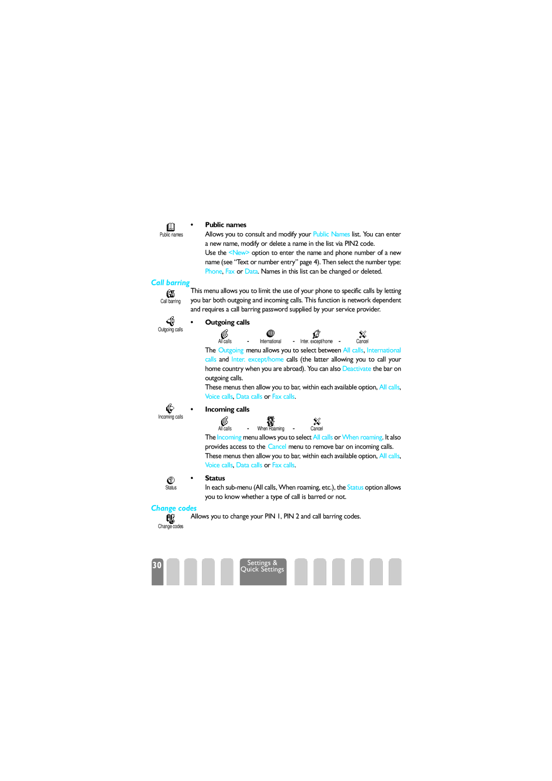 Philips 625 manual Call barring, Change codes 