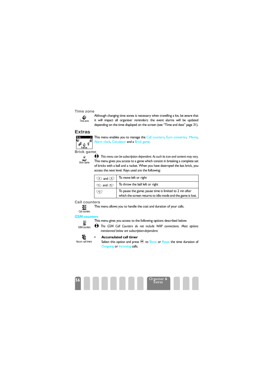 Philips 625 manual GSM counters, Brick game, Call counters, Accumulated call timer 
