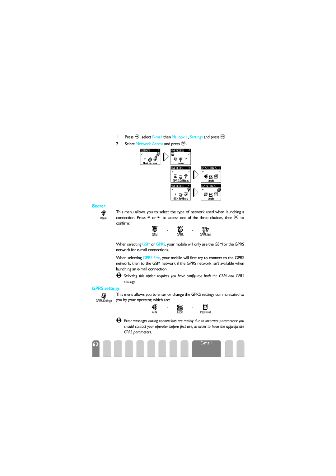 Philips 625 manual Bearer, Gprs settings 