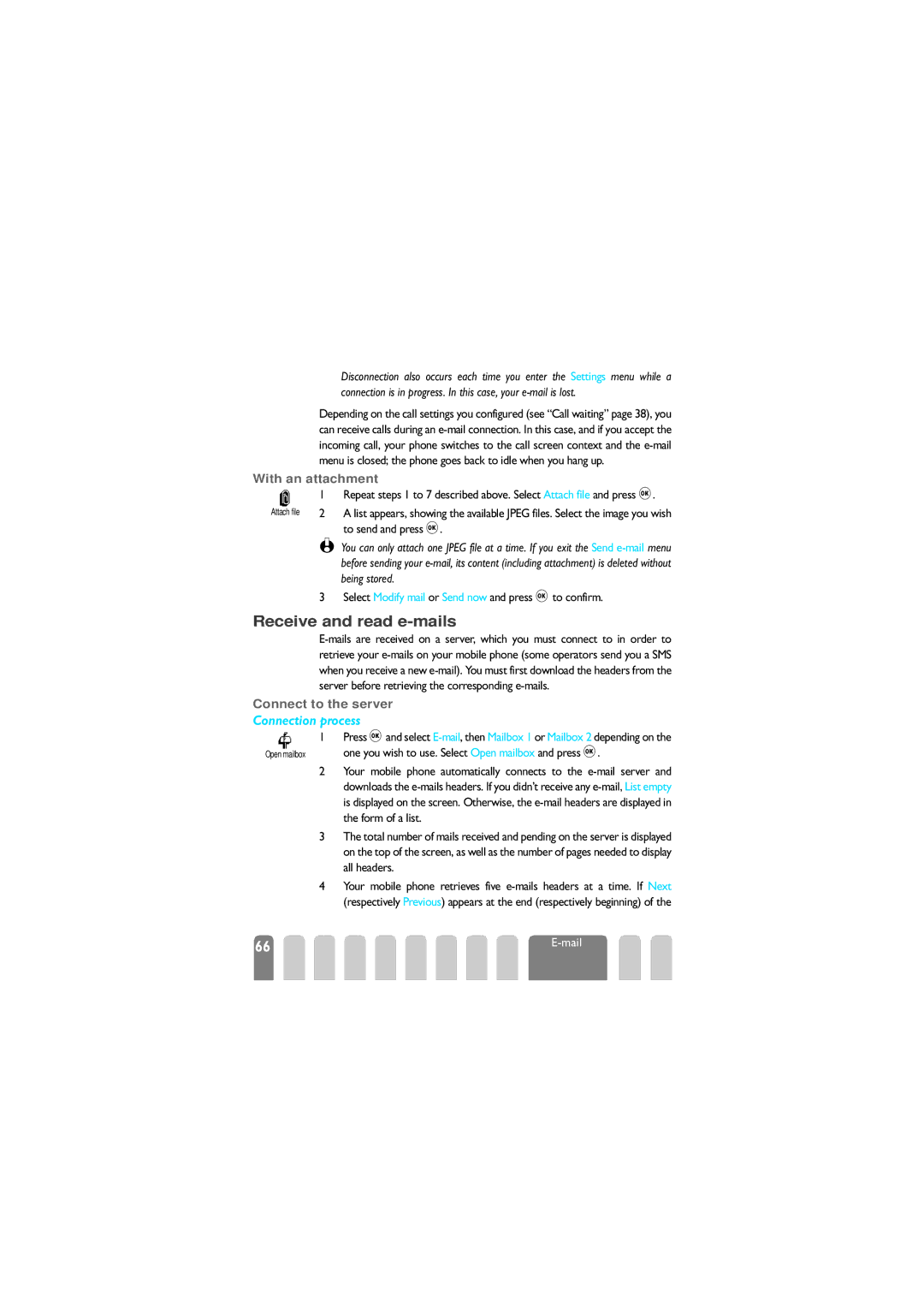 Philips 625 manual Receive and read e-mails, Connection process, With an attachment, Connect to the server 