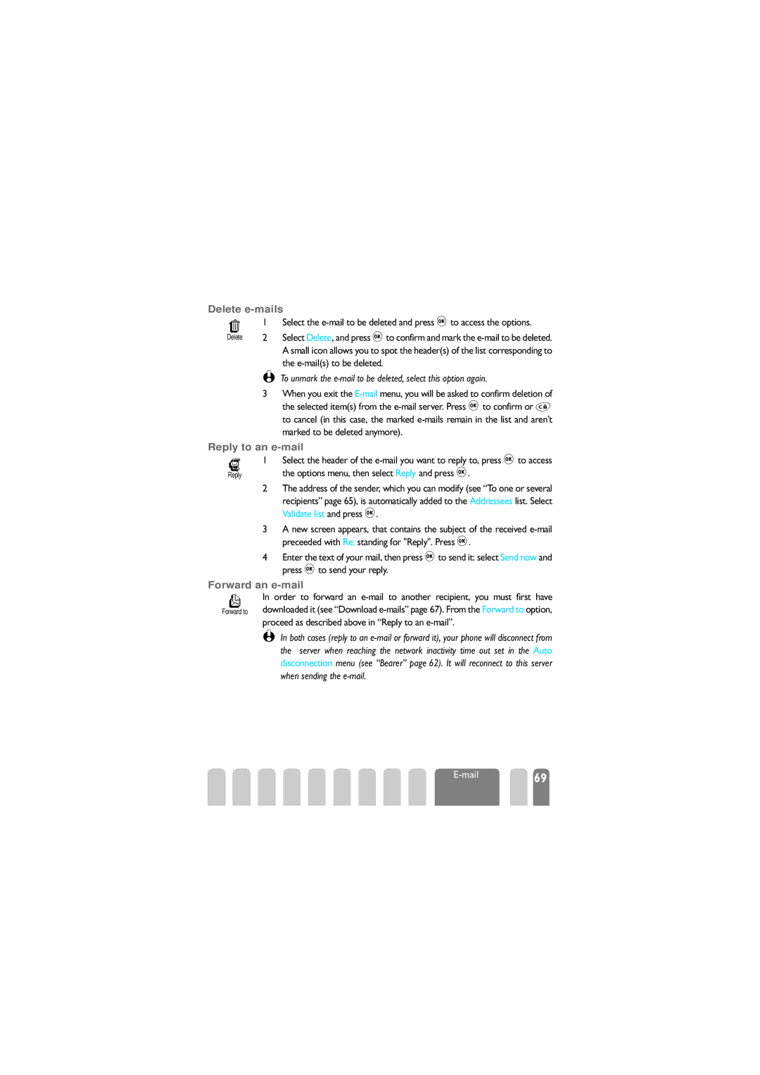 Philips 625 manual Delete e-mails, E-mails to be deleted, Reply to an e-mail, Options menu, then select Reply and press 