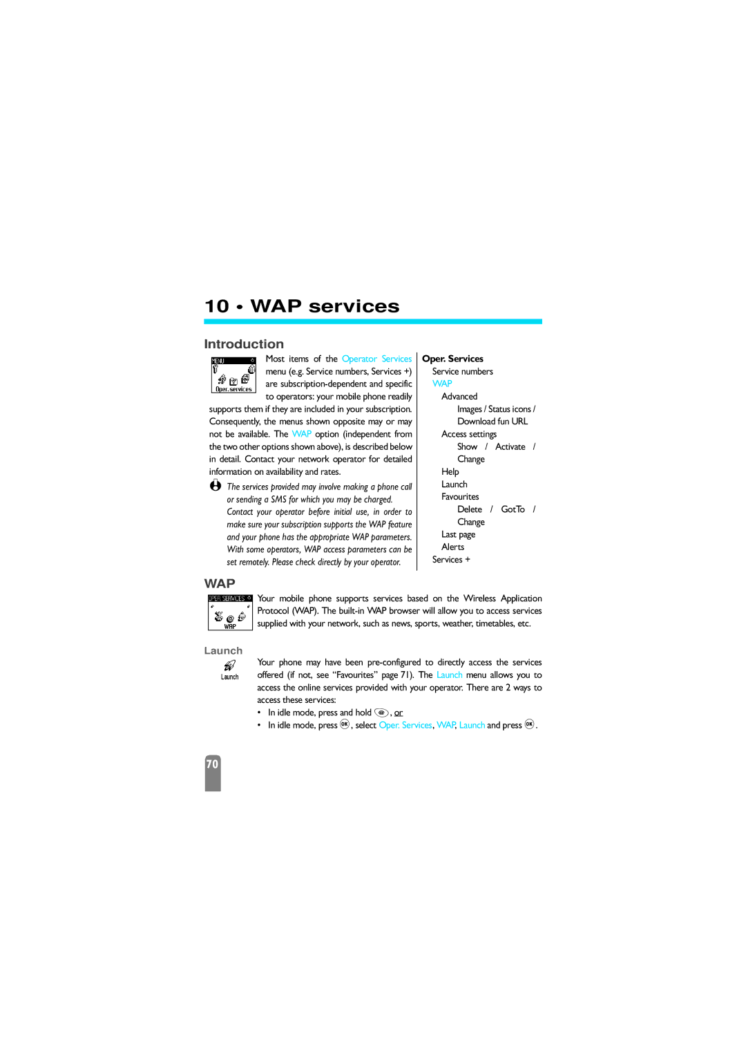 Philips 625 manual WAP services, Oper. Services, Launch 