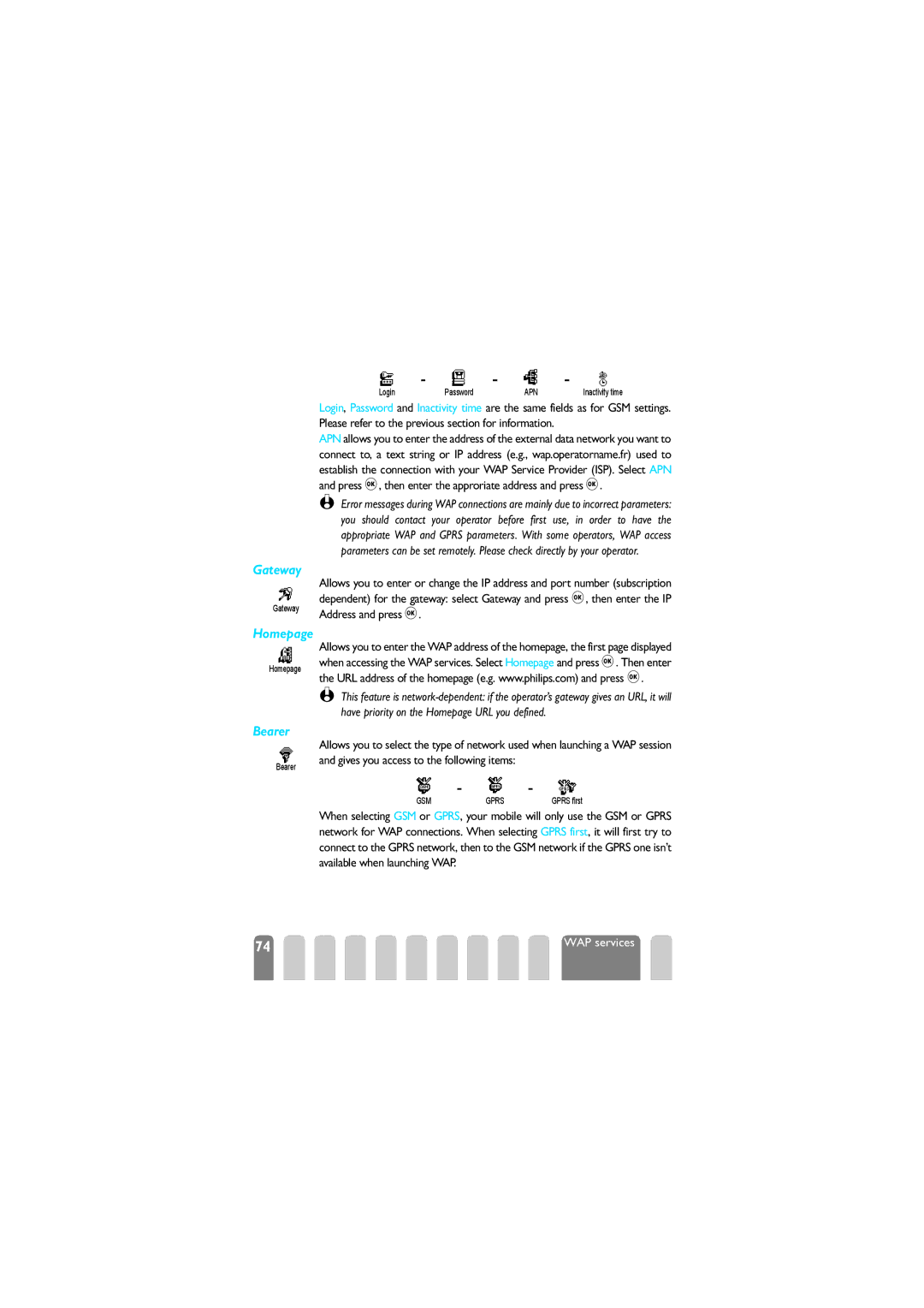 Philips 625 manual Gateway, Gives you access to the following items 