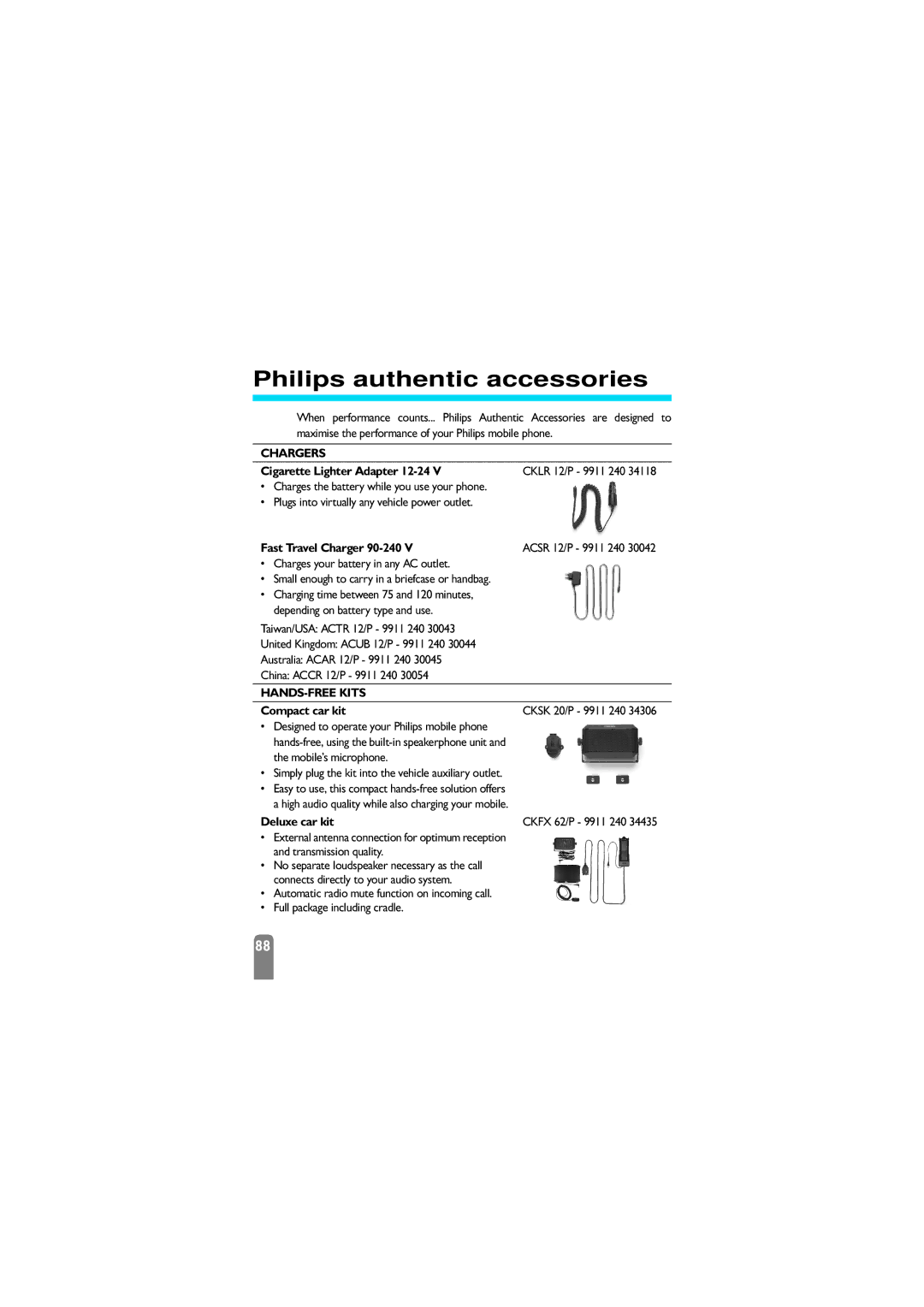 Philips 625 Philips authentic accessories, Cigarette Lighter Adapter 12-24, Fast Travel Charger 90-240, Compact car kit 