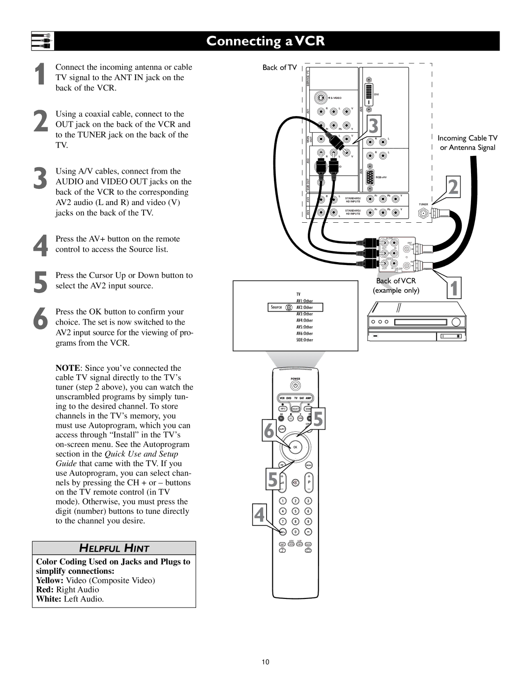 Philips 55PL9224, 62PL9524, 55PL9524 Connecting a VCR, Color Coding Used on Jacks and Plugs to simplify connections 