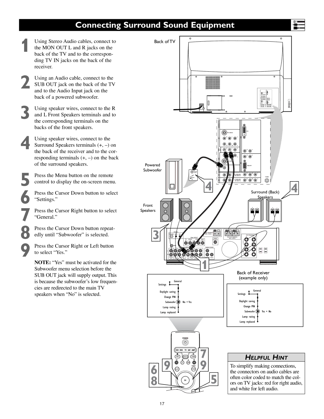 Philips 55PL9524, 62PL9524, 55PL9224 setup guide Connecting Surround Sound Equipment, Powered Subwoofer Front Speakers 