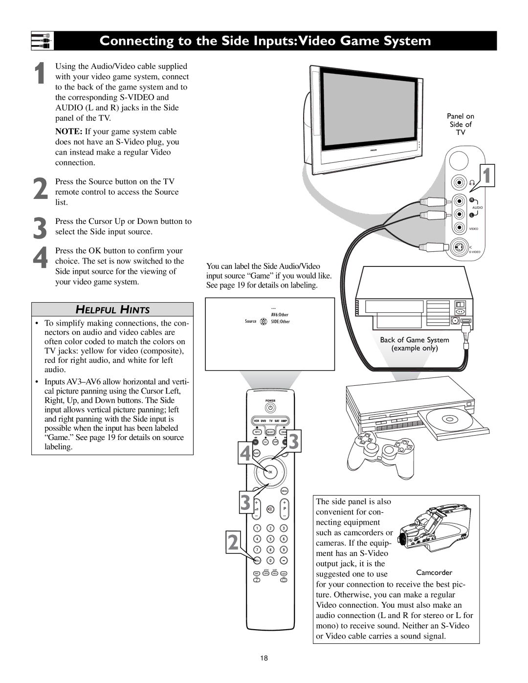 Philips 62PL9524, 55PL9224 Connecting to the Side InputsVideo Game System, Possible when the input has been labeled 