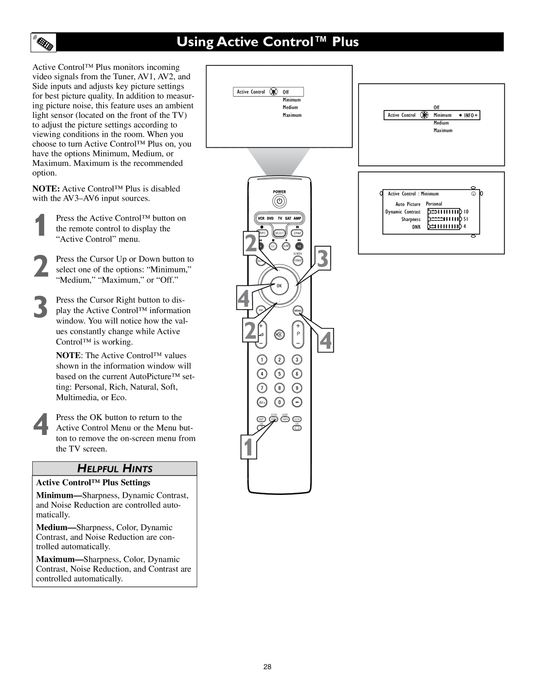 Philips 55PL9224, 62PL9524, 55PL9524 setup guide Using Active Control Plus, Active Control Plus Settings 