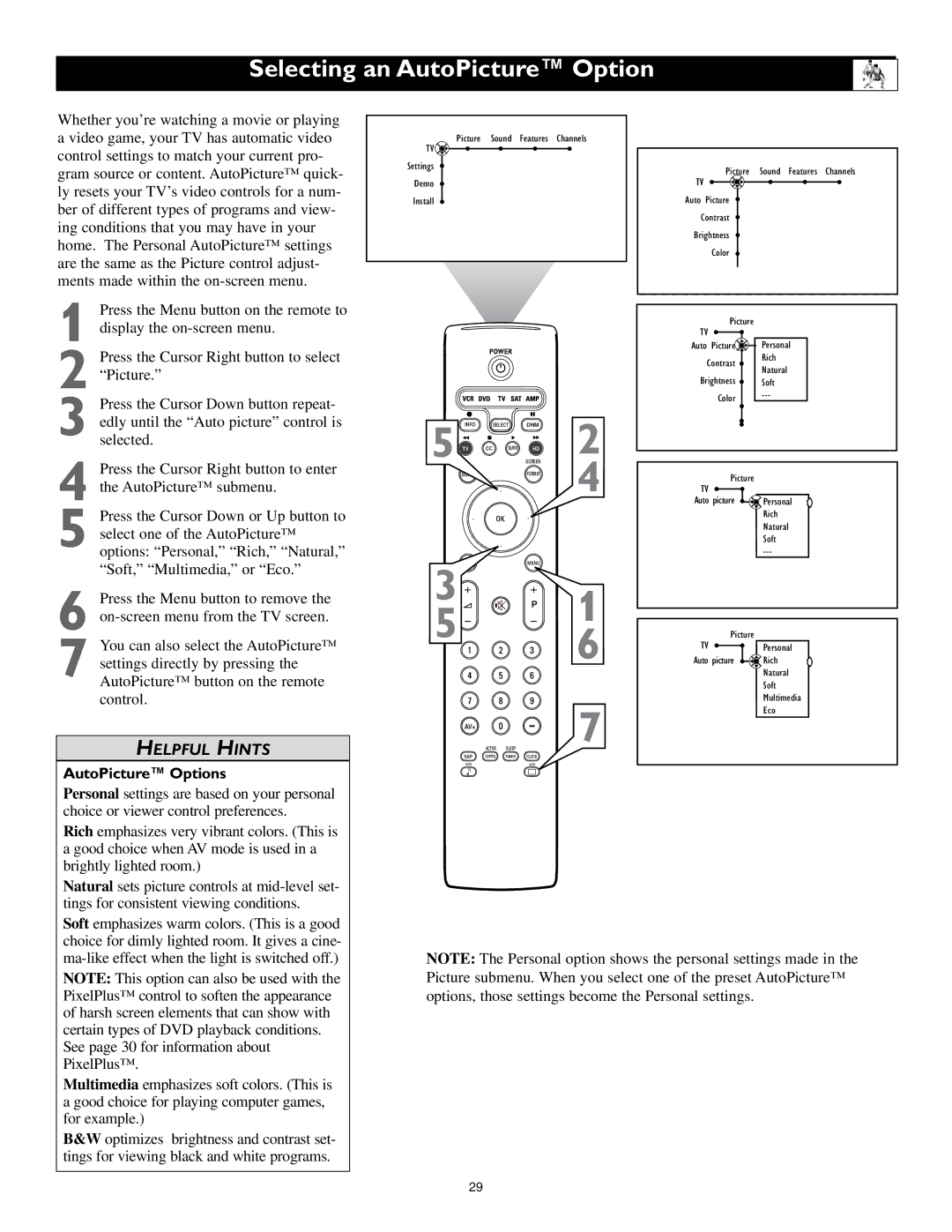 Philips 55PL9524, 62PL9524, 55PL9224 setup guide Selecting an AutoPicture Option, AutoPicture Options 