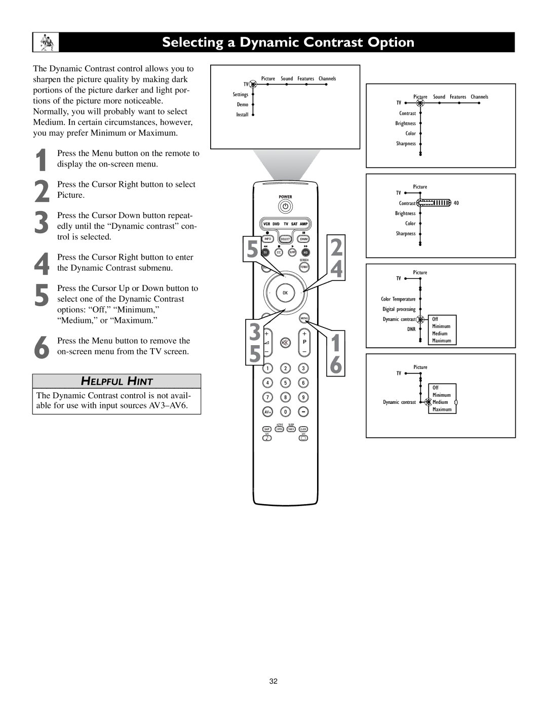 Philips 55PL9524, 62PL9524, 55PL9224 Selecting a Dynamic Contrast Option, Press the Cursor Right button to select Picture 