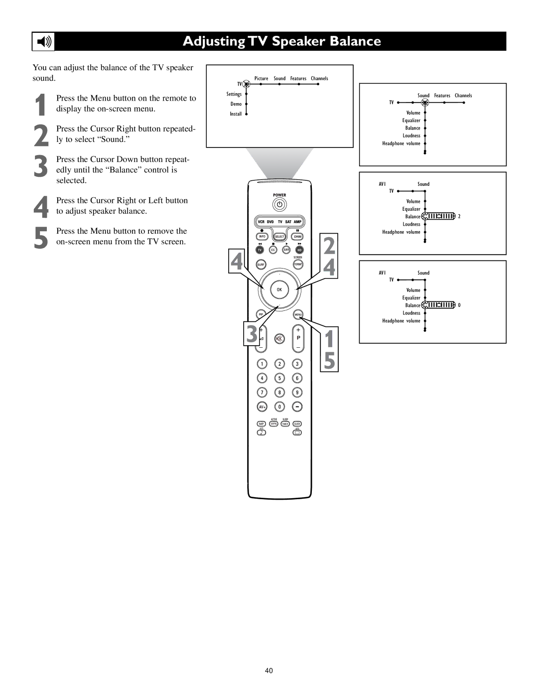 Philips 55PL9224, 62PL9524, 55PL9524 setup guide Adjusting TV Speaker Balance 