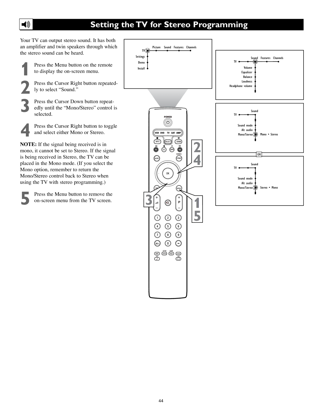 Philips 55PL9524, 62PL9524, 55PL9224 setup guide Setting the TV for Stereo Programming 