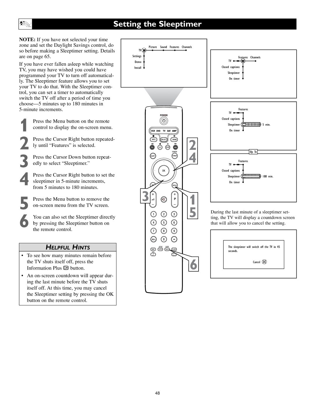 Philips 62PL9524, 55PL9224, 55PL9524 setup guide Setting the Sleeptimer 