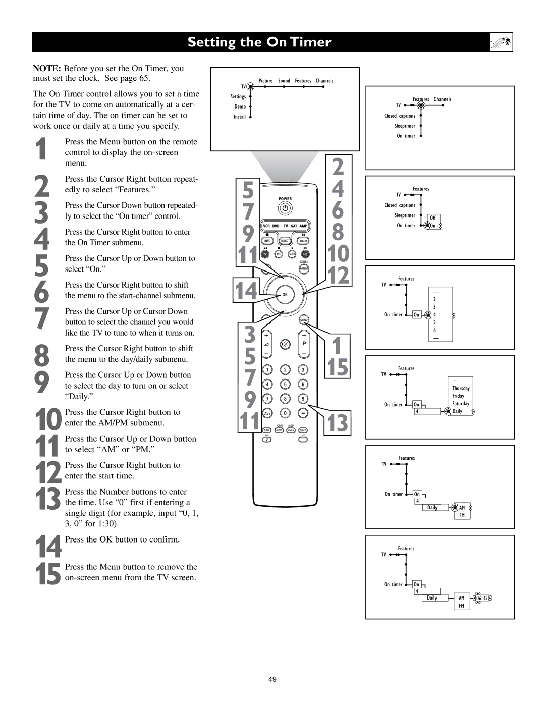 Philips 55PL9224, 62PL9524, 55PL9524 setup guide 11 TV, Setting the On Timer 