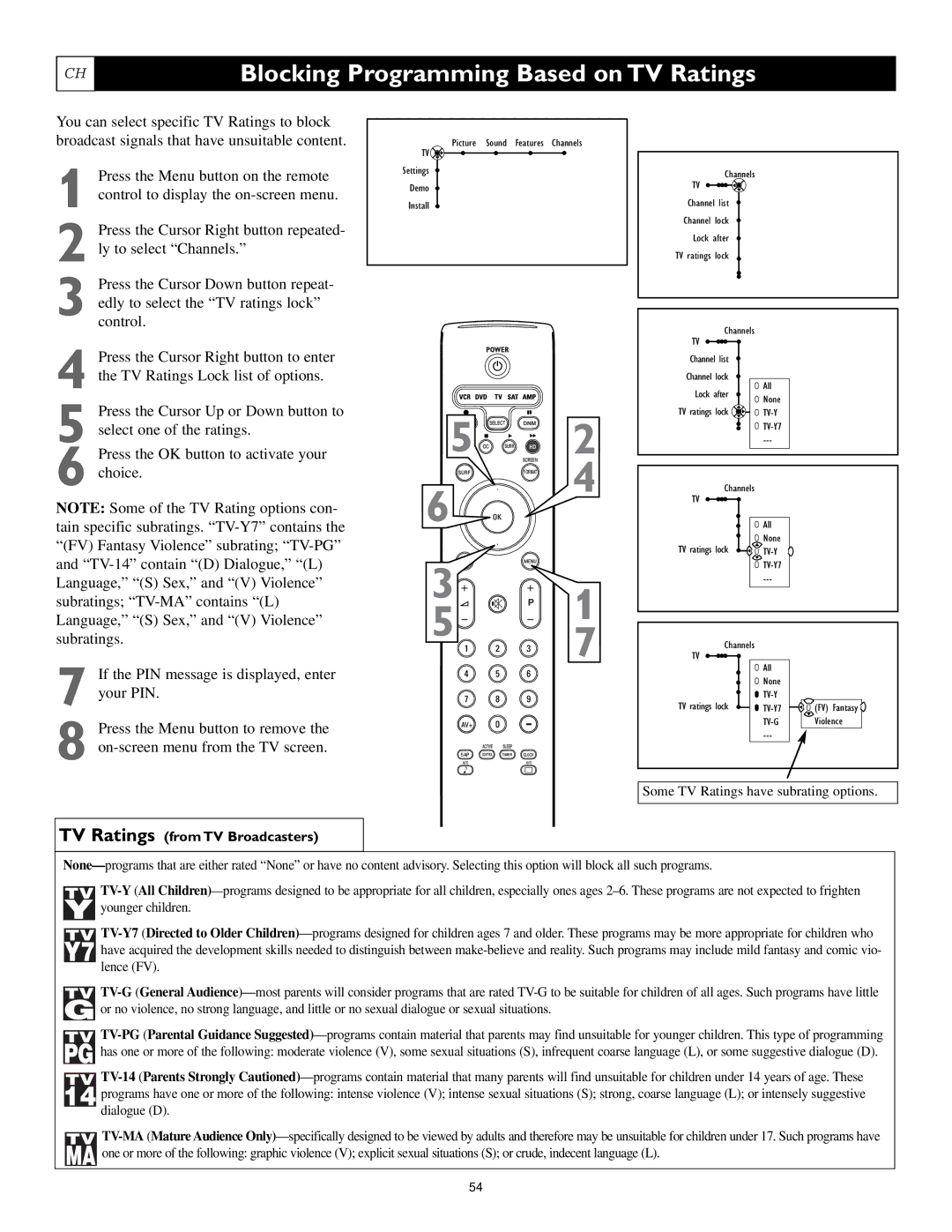 Philips 62PL9524, 55PL9224, 55PL9524 setup guide Blocking Programming Based on TV Ratings, TV Ratings from TV Broadcasters 