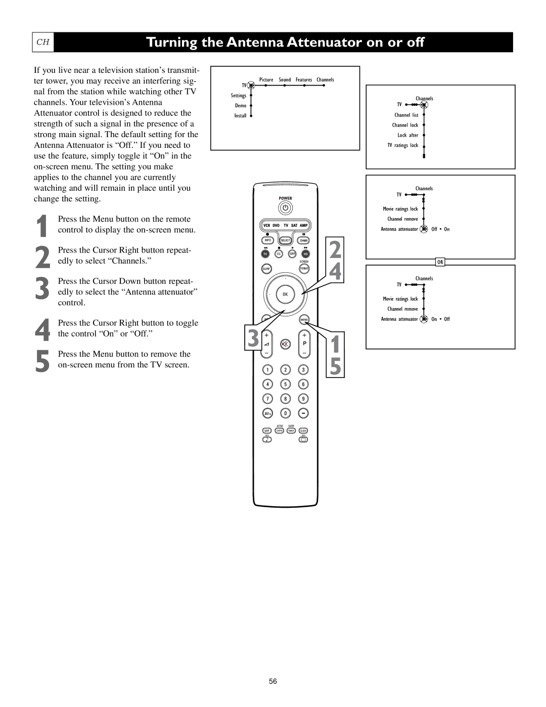 Philips 55PL9524, 62PL9524, 55PL9224 setup guide Turning the Antenna Attenuator on or off 