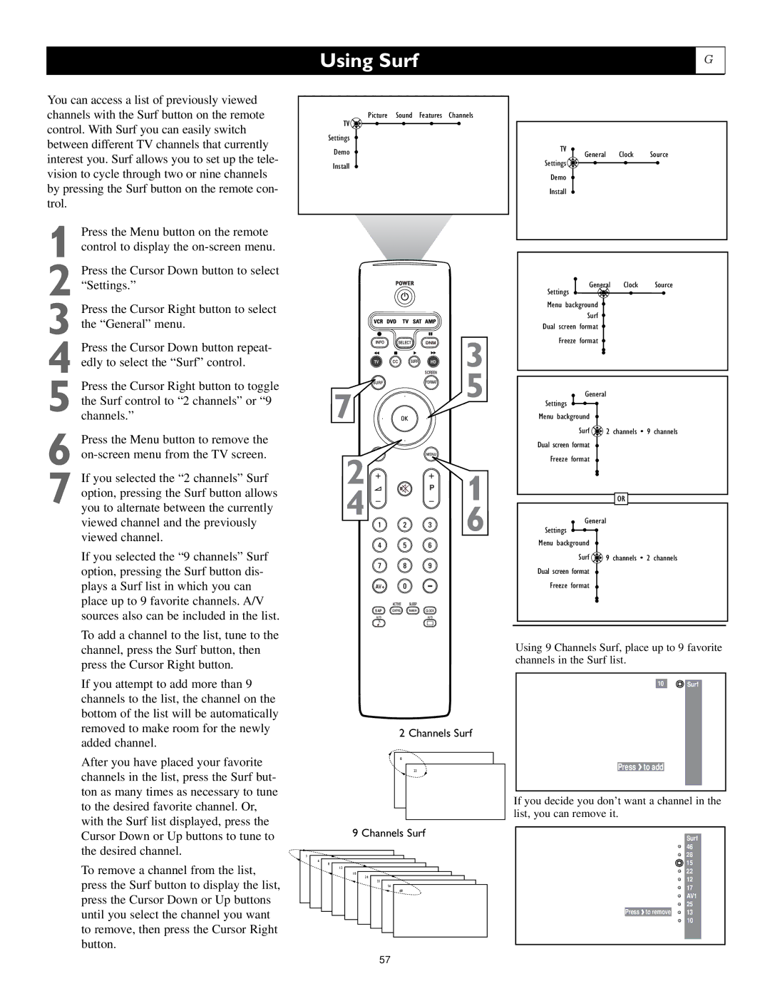 Philips 62PL9524, 55PL9224, 55PL9524 setup guide Using Surf, Channels Surf 